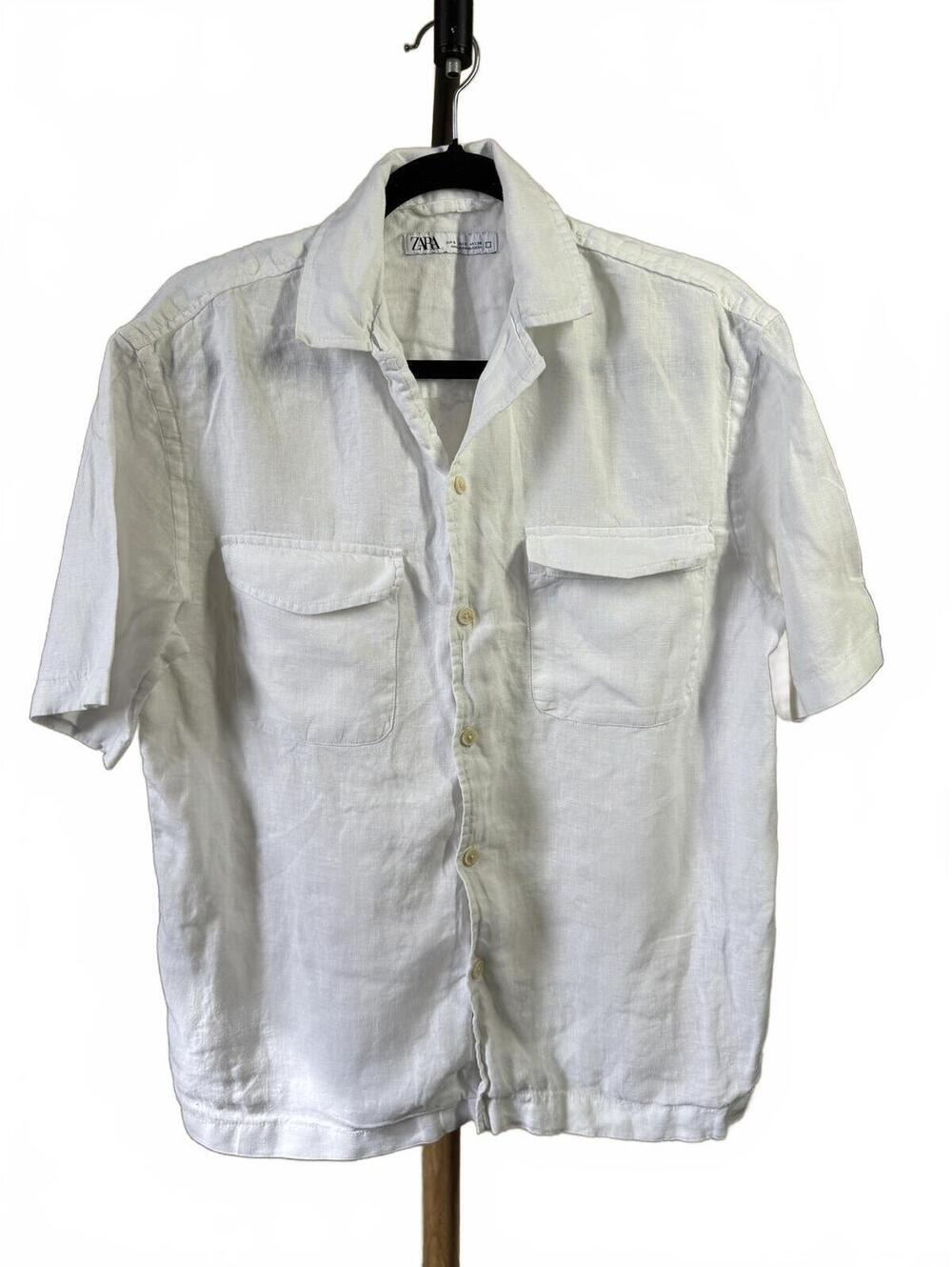 Zara White Linen Short Sleeve Button-Up Shirt